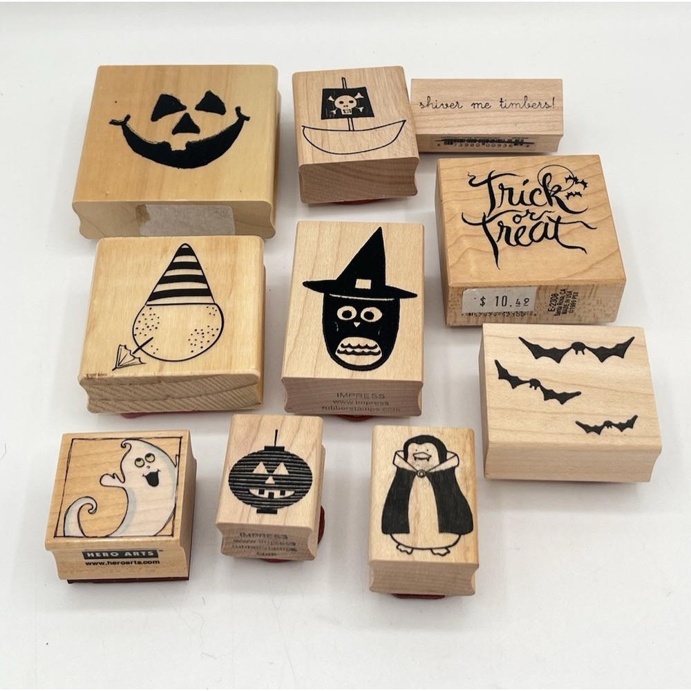 NOS Halloween Rubber Stamps Lot 10 Memory Box Impress Hero Arts Witch Ghost Bat